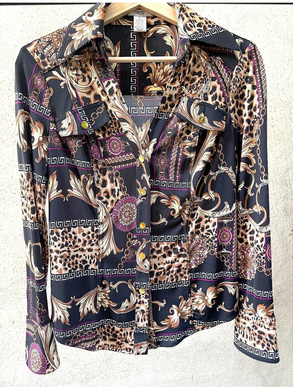 Vintage Cache Baroque and Leopard Print Button Up Blouse Size Small #maximalist